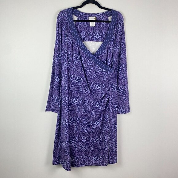 Soft Surroundings Faux Wrap Dress Size XL Tall Purple Animal Print Long Sleeve - Picture 1 of 9